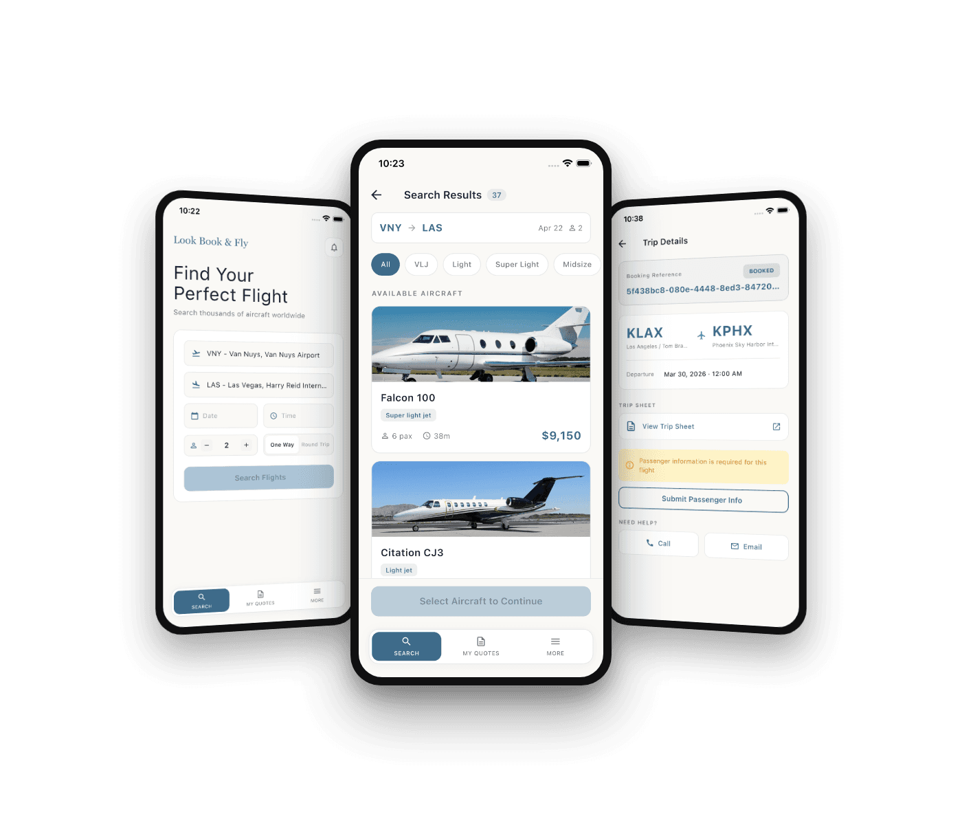 Look Book & Fly app showing search, results, and trip details